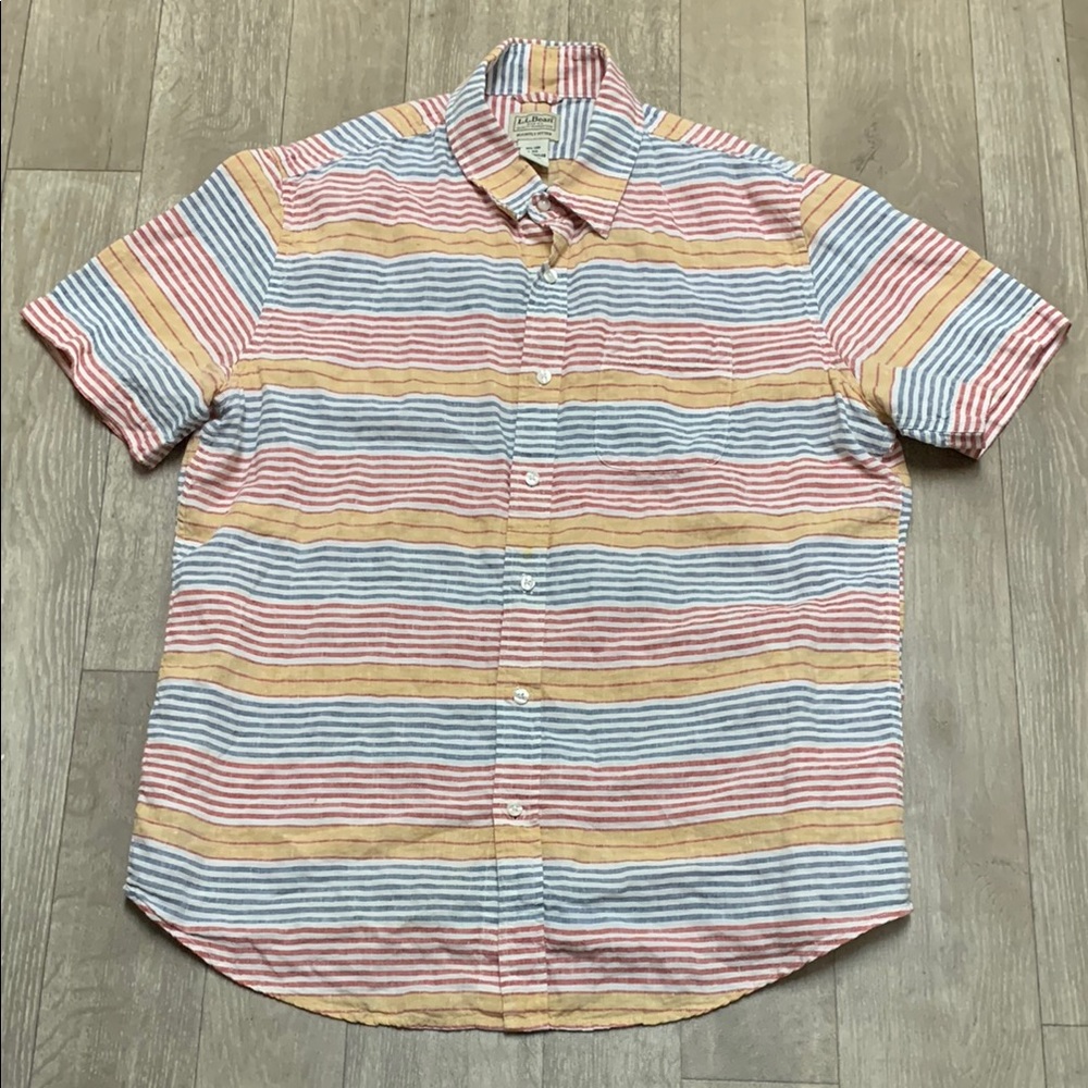 L.L Bean 100% Linen Slightly Fitted Color Block Striped Button‎ Up Shirt